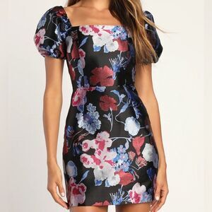 Lulus So Stunning Black Multi Floral Jacquard‎ Puff Sleeve Mini Dress